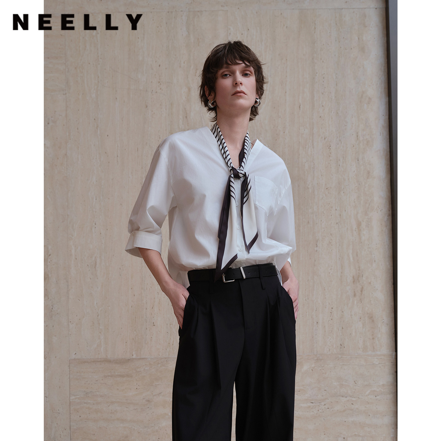 NEELLY纳俪商场同款夏季新款松弛感通勤白衬衫女设计感七分袖上衣