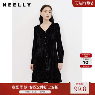NEELLY纳俪商场同款黑色连衣裙女气质v领中长款A字裙夏季新款