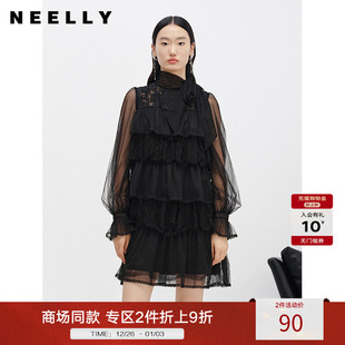 黑色蕾丝连衣裙女中长款 新款 气质蛋糕裙 冬季 NEELLY纳俪商场同款