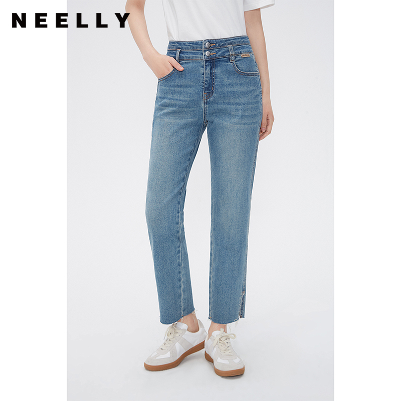 NEELLY纳俪商场同款直筒棉质牛仔裤女高腰窄版宽松显瘦显高九分裤