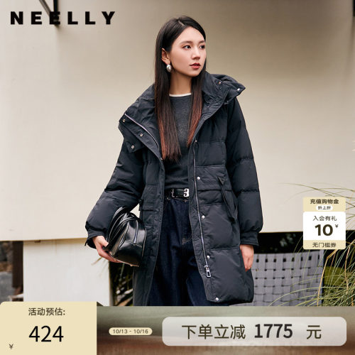 NEELLY纳俪商场同款冬季新款90%鸭绒宽松保暖连帽羽绒服女中长款