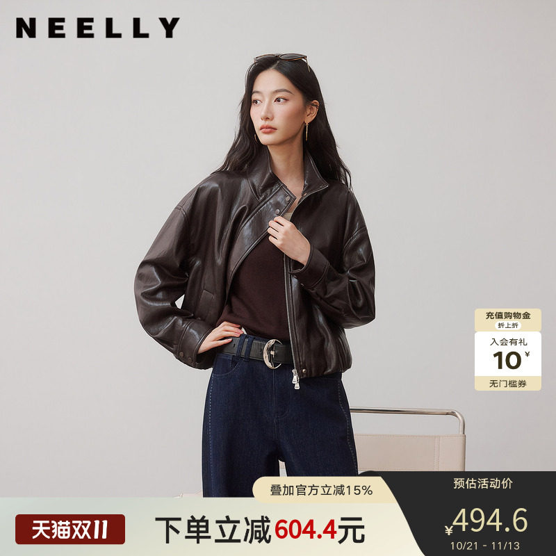 NEELLY纳俪商场同款秋新款设计感帅气上衣女高级感复古廓形短外套