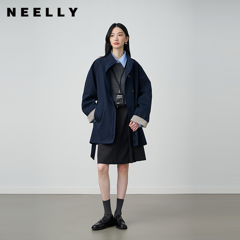NEELLY纳俪商场同款秋冬新款条纹撞色廓形风衣女温柔气质风外套