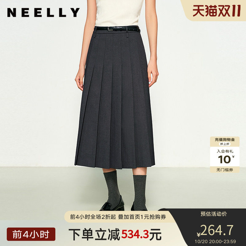 NEELLY纳俪商场同款春新款经典时尚百褶裙女高腰垂感中长款半身裙