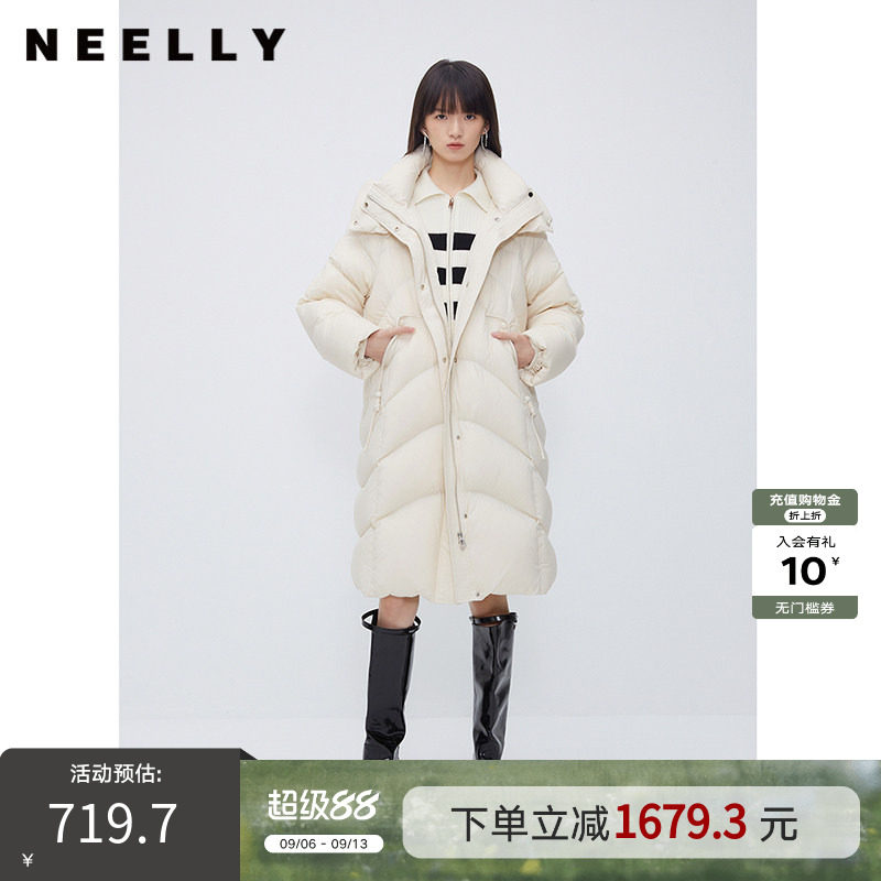 NEELLY纳俪商场同款茧型加厚羽绒服女冬季韩版连帽中长款过膝外套