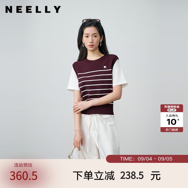 NEELLY纳俪商场同款秋新款休闲假两件针织短袖女简约撞色随性上衣