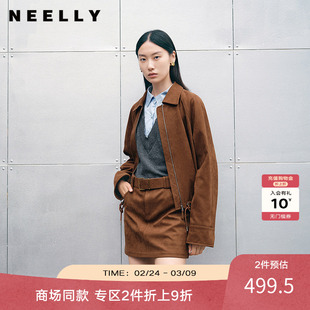 NEELLY纳俪商场同款春秋新款复古翻领麂皮外套女高级感廓形上衣