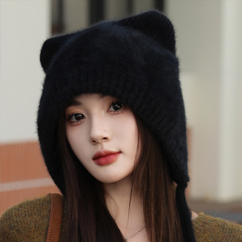 2026甜美猫耳朵加绒兔毛帽子女秋冬户外防寒针织毛线帽保暖雷锋帽