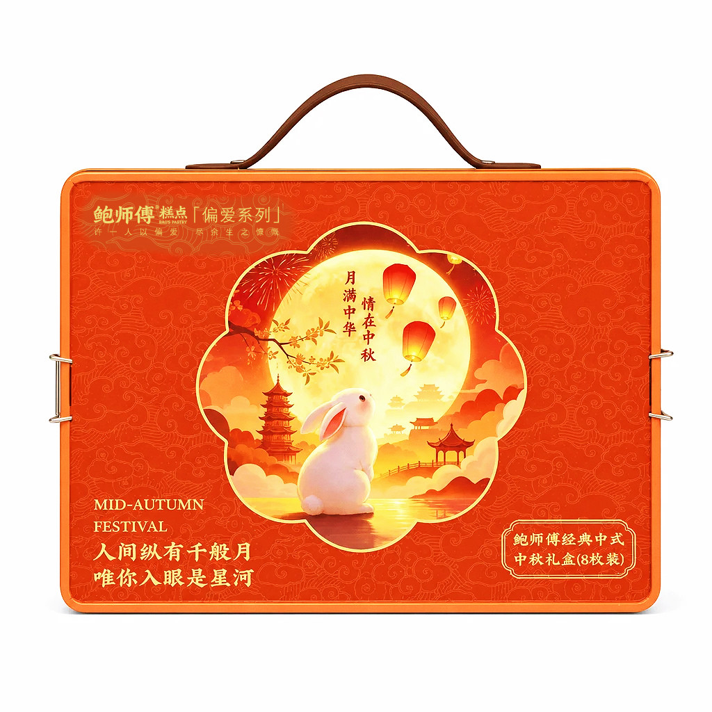 鲍师傅经典台式中秋礼盒肉松芝士黑芝麻咸蛋黄奶黄月饼礼盒400g