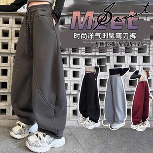 女童裤子秋冬装2025新款儿童弯刀卫裤初中生女大童一体加绒运动裤