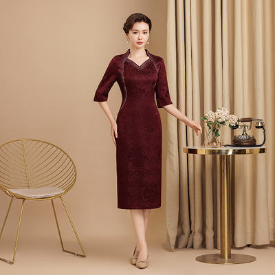 醋酸高端旗袍中式喜妈妈喜婆婆礼服婚庆晚宴参加婚礼小个子连衣裙