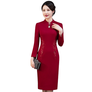 妈妈婚宴装连衣裙秋冬款毛呢旗袍参加婚礼喜婆婆婚宴装敬酒服