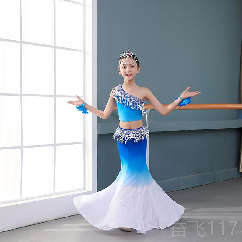 正品傣族舞蹈演出服演女童儿童考练功裙孔雀舞表服修身包蹈臀鱼艺