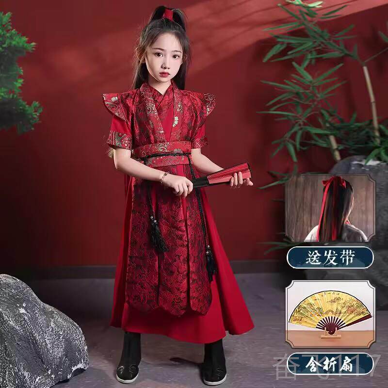 正品女童花木兰霸汉服风春秋古古装走秀武侠演出服红色儿童服气装图片