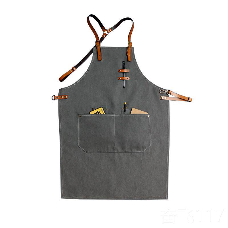 正品牛带牛仔围裙咖啡店发师理时肩尚工作服西餐厅酒吧绘画皮定制