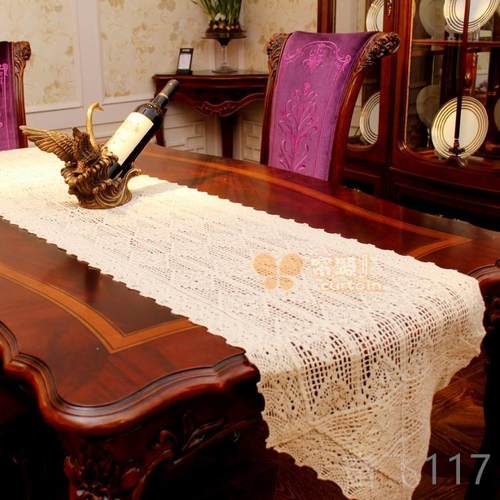 正品美式村镂空棉钩针复麻桌旗台巾乡布 中式古电视柜茶几餐桌布