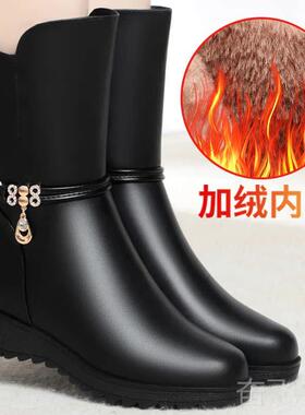 正品妈妈鞋子秋冬季棉鞋平跟加绒真厚皮保暖年防滑加中中老年中筒