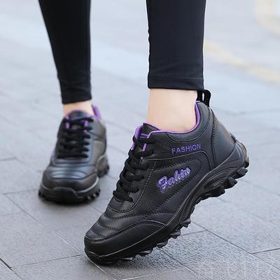 正品品牌鞋女鞋运动冬秋季加绒保暖棉鞋皮面水防旅游鞋妈妈黑色工