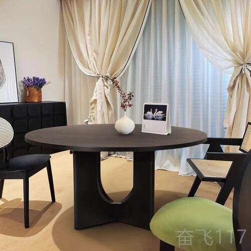 正品寂风黑全实木圆桌法式侘中古厅圆形白色蜡木餐桌简约家用吃客