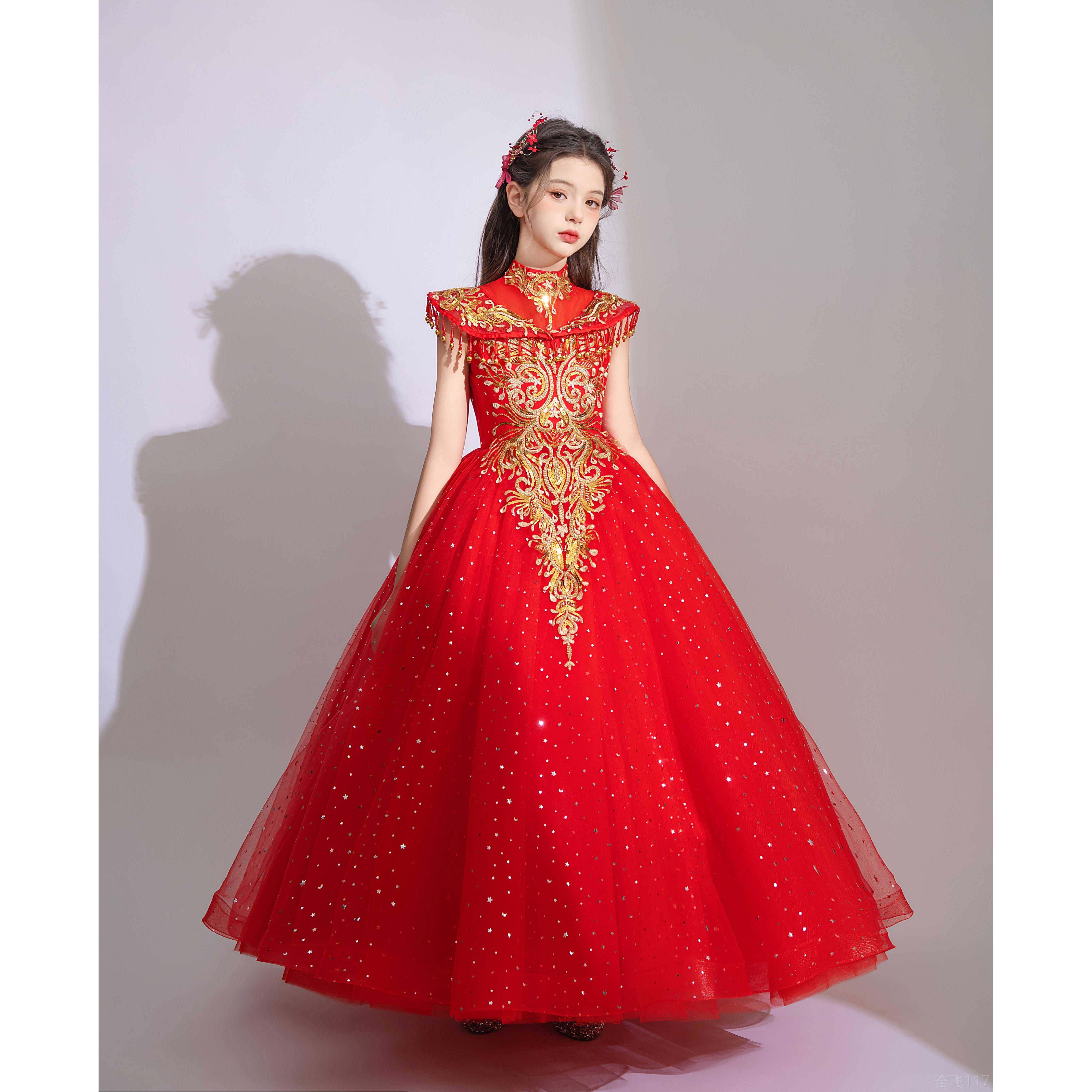 正品主童礼服公裙高端儿洋气国潮中国风红色礼裙服走秀主持人钢琴