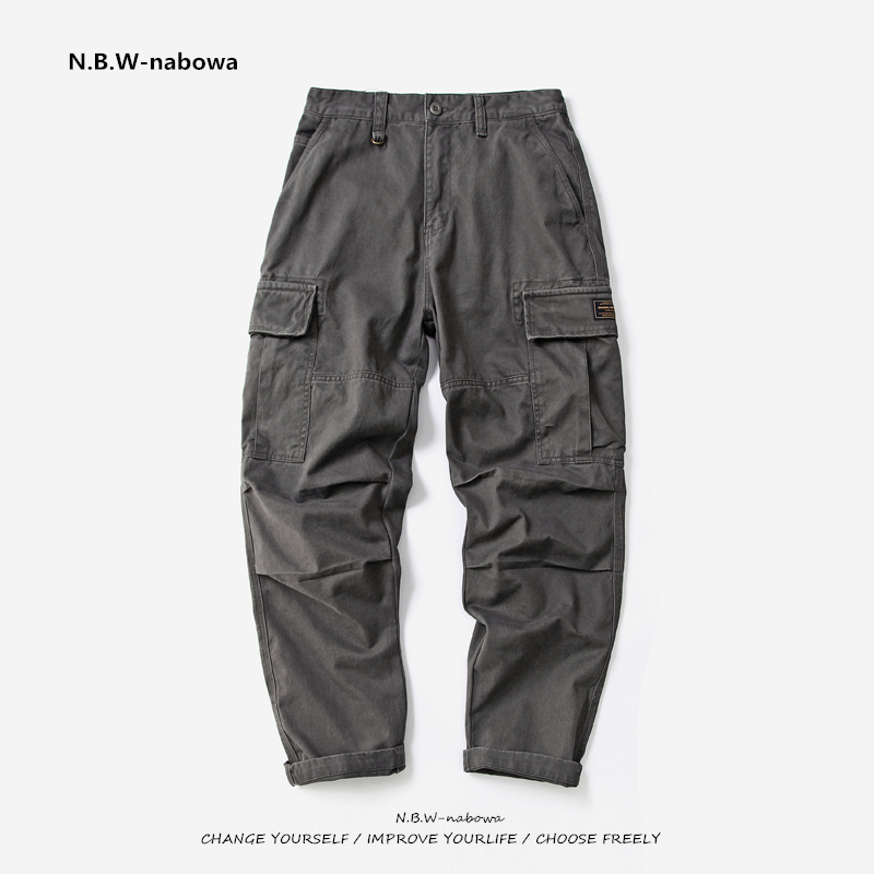 灰色纯棉美式工装裤多口袋男