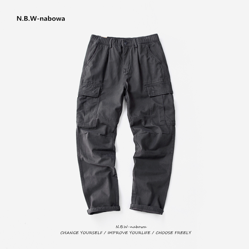 纯棉日系松紧多口袋工装裤男