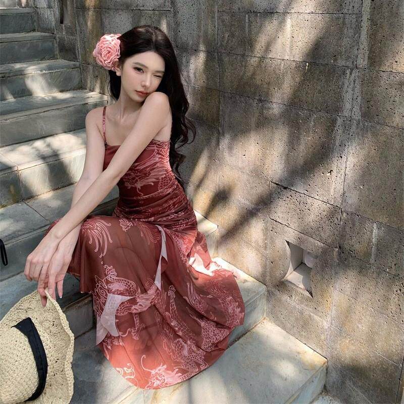 幽灵少女新中式印花吊带连衣裙