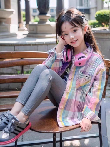 女童格子衬衫春装2024新款洋气儿童长袖衬衣春秋款外套小女孩上衣