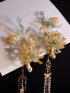 原创 东篱 十二花神菊花琉璃簪花发饰重工长流苏古风汉服发簪发饰