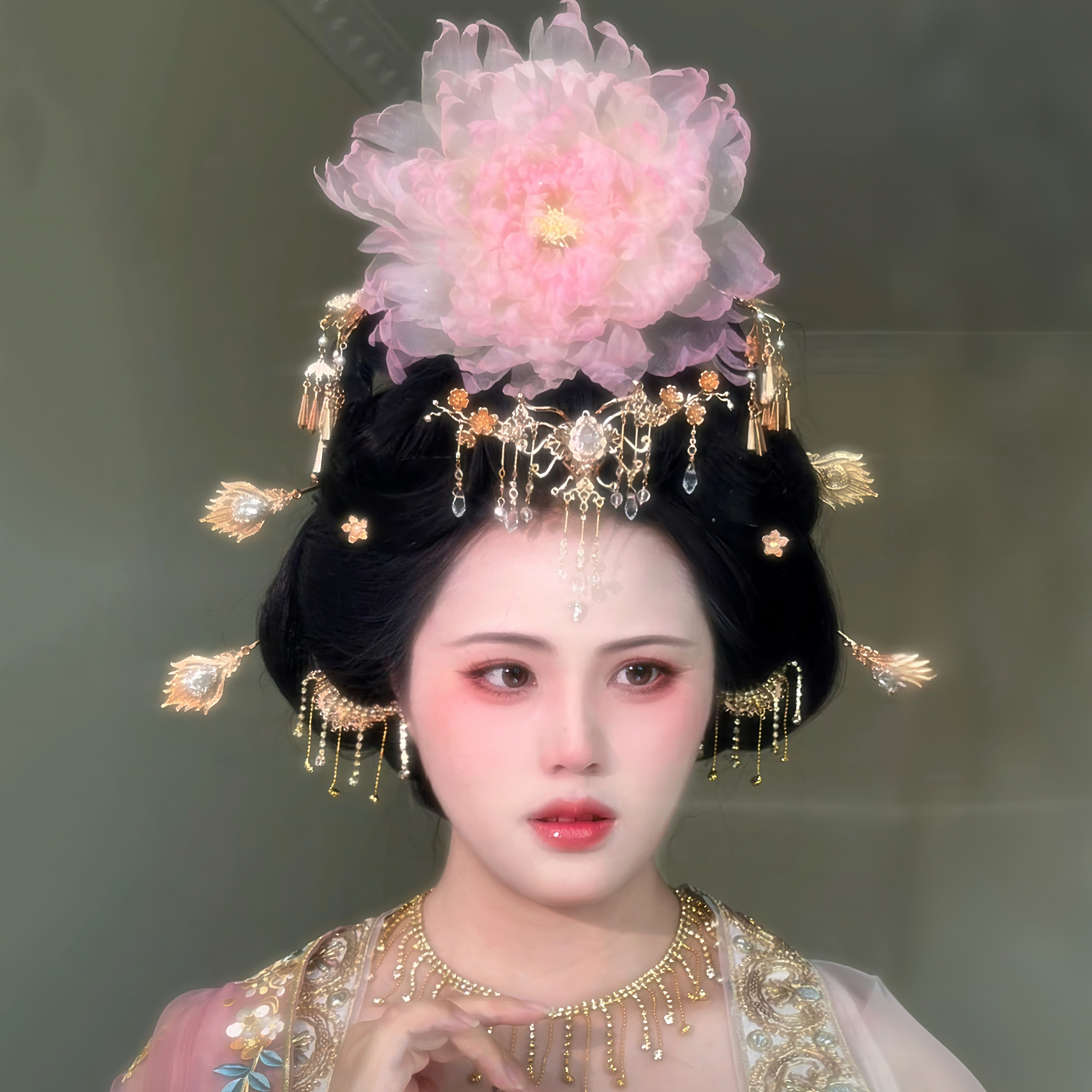 原创 芳华2版 真丝烫花牡丹发冠发饰唐风复原发饰套装国风汉服