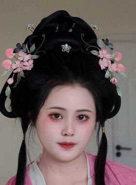 原创 桃映春诗 真丝烫花桃子桃花发饰汉服配饰古风汉服头饰发夹