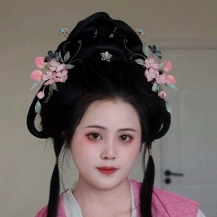 原创 桃映春诗 真丝烫花桃子桃花发饰汉服配饰古风汉服头饰发夹