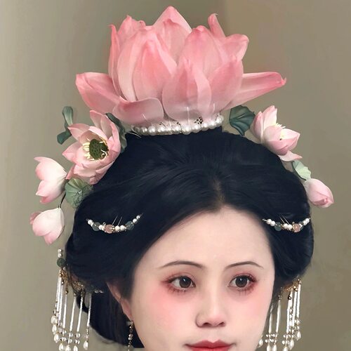 原创 染香 莲花真丝烫花汉服头饰荷花珍珠发冠荷花发冠宋制头饰