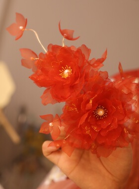 原创 红妆 真丝烫花软杆仙气绢纱花朵发夹国风汉服配饰古风发饰