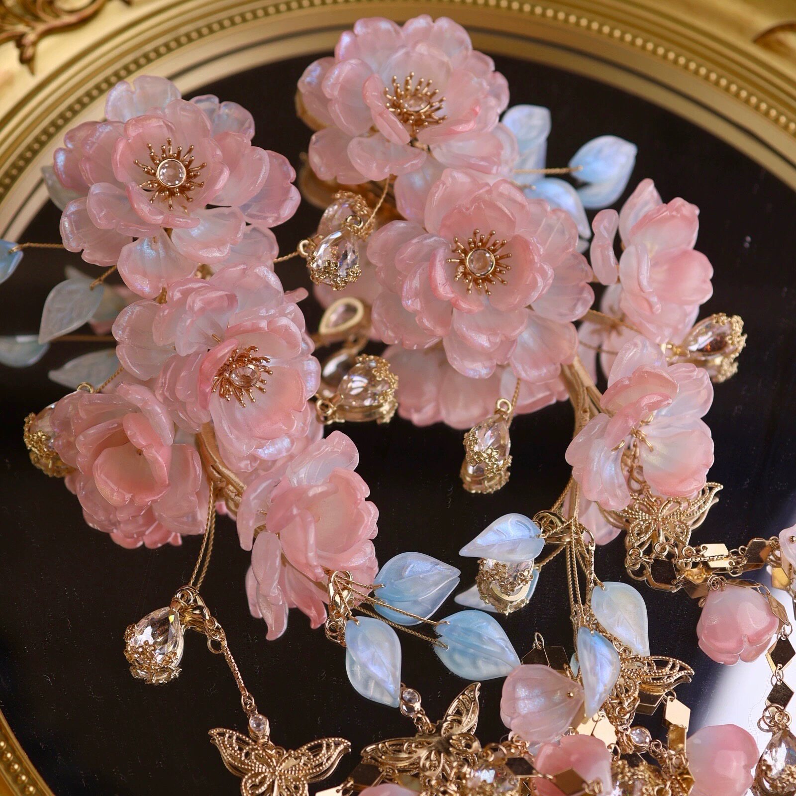 原创 远山芙蓉 琉璃簪花锆石重工流苏发饰古风发夹汉服配饰仙气