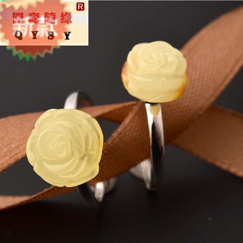 灵菲蜜蜡小花朵戒指女精致正品老蜜琥珀黄蜜蜡原石转运珠纯银指环