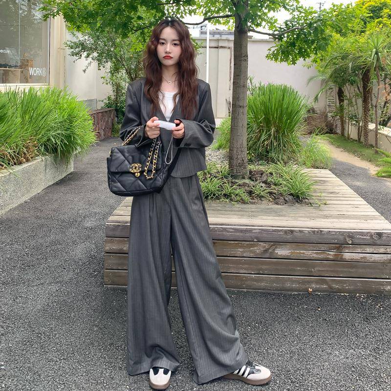 灰色熟轻风V领西服套装深女秋季2025年新B283-250款高级阔感腿长