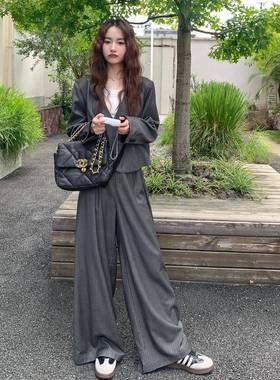 灰色熟轻风V领西服套装深女秋季2025年新B283-250款高级阔感腿长