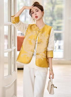 CY8118-021025女装国风盘扣提花马甲背心蕾丝打底衫两件套中上衣