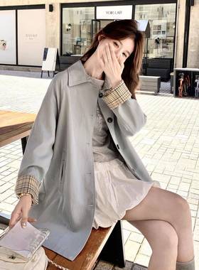 蓝色风衣外季套女秋0225新款计韩系简约休C153-873闲气质设感格纹