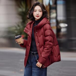 色羽绒服女红冬季新款高端ZZI256L休小闲个子帽短款连保暖白鸭绒