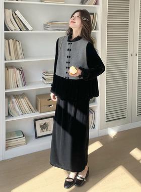 黑色复古气质三件套女2250新款高级感C153-335马甲丝绒裙打底春衫