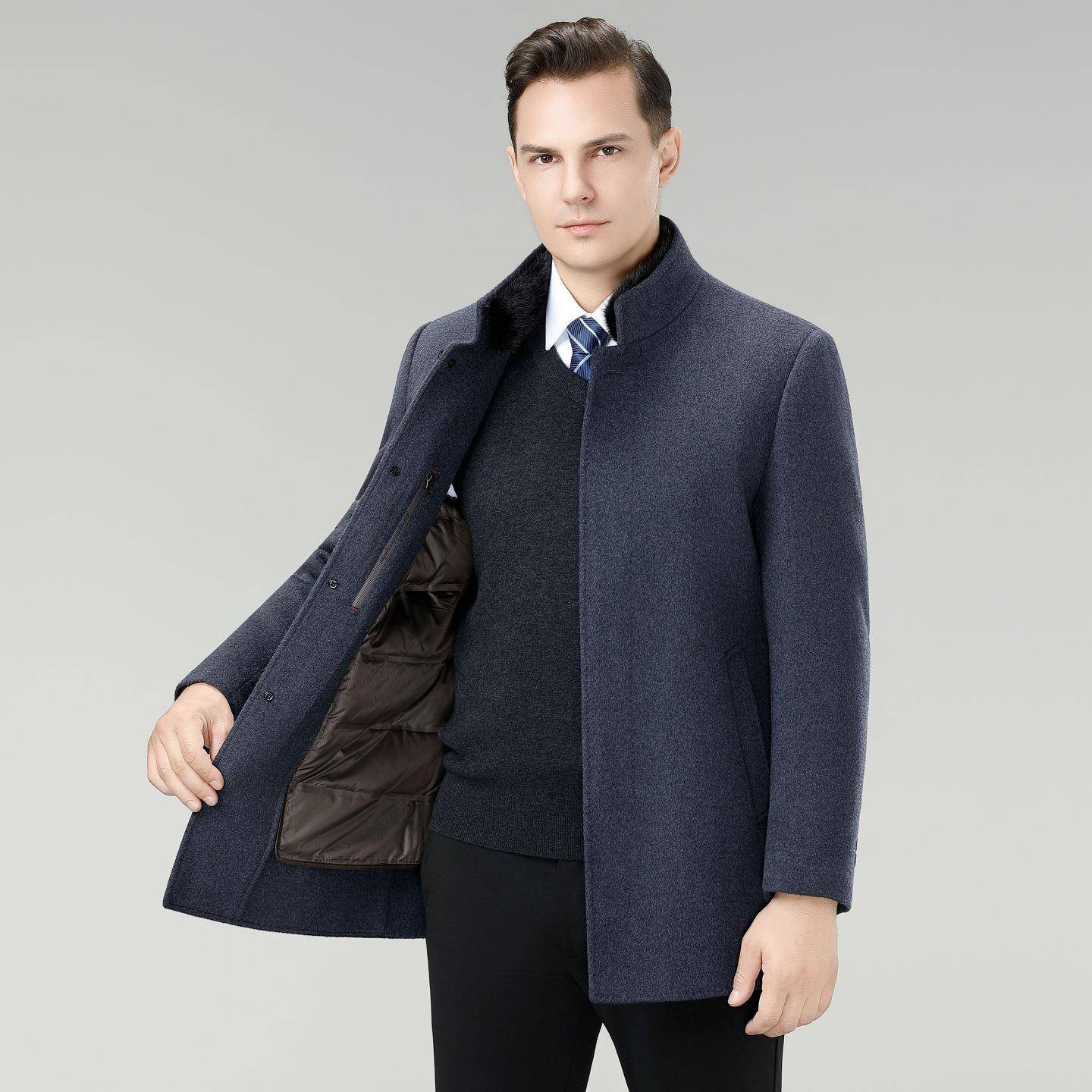 2绒025冬2312-C可外脱卸羽绒内胆男季士双面羊毛呢子风衣套中年毛