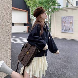 223短款 复古格子女拼接季 牛仔外套2025秋设计感绳抽宽松廓形B157