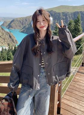 灰色复立工装短外套女20古5秋b152-717韩系休闲宽松高级感抽绳夹