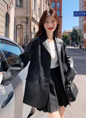 黑色c012-853复高级感古皮西装外套女2025西秋季飒美式又酷又气质