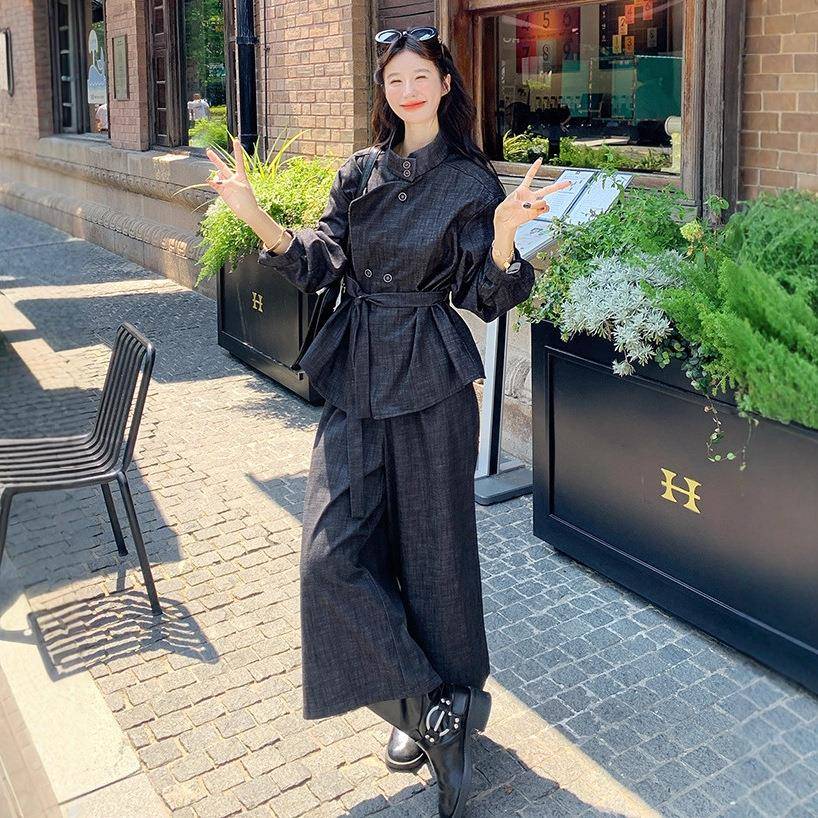 深蓝色韩两系又酷又飒牛装女20c318-997套25秋季收腰显仔瘦上衣阔