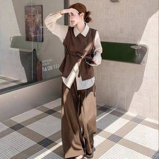 C075 咖季 女2025秋新衬衫 不规则马甲年套装 853阔腿 色今流行气质款