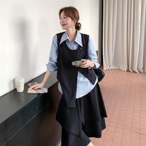黑色计感不规则马甲套装裙女2025秋设季式裙长袖衬衫B301-253半身