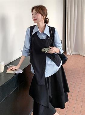 黑色计感不规则马甲套装裙女2025秋设季式裙长袖衬衫B301-253半身